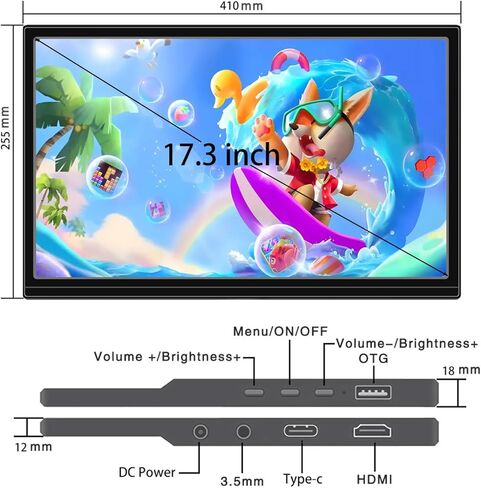 شاشة محمولة مقاس 17.3 بوصة، شاشة HDMI، مكبر صوت مدمج عالي الدقة 1600 * 900، شاشة كمبيوتر مكتبي HDMI USB C، قابلة للتركيب على VESA، للكمبيوتر الشخصي، كمبيوتر محمول Raspberry Pi PS4/5 in Kuwait