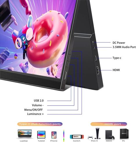 شاشة محمولة مقاس 17.3 بوصة، شاشة HDMI، مكبر صوت مدمج عالي الدقة 1600 * 900، شاشة كمبيوتر مكتبي HDMI USB C، قابلة للتركيب على VESA، للكمبيوتر الشخصي، كمبيوتر محمول Raspberry Pi PS4/5 in Kuwait