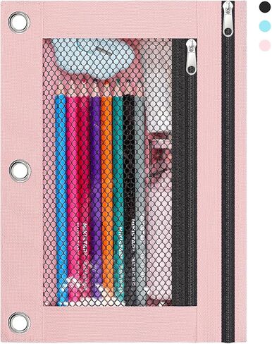 حقيبة أقلام رصاص من KONVINIT مكونة من 3 حلقات، وأكياس أقلام رصاص سوداء مع جيبين بسحاب ونافذة شفافة، وحقيبة أقلام ذات سعة كبيرة للطلاب والأولاد والبنات، وحقيبة من القماش بسحاب للفصل الدراسي in Saudi Arabia
