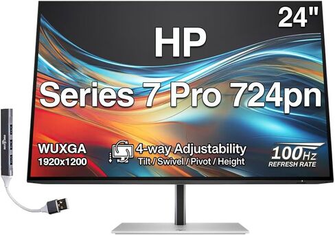 HP Series 7 Pro 724pn 24" WUXGA IPS Monitor with 5ms Response Time, Anti Glare, Flicker Free, Pivot, VESA Mount (100mm), Displayport, HDMI & Dockztorm USB Port Expander, Black/Silver (8X534AA#ABA) in Kuwait