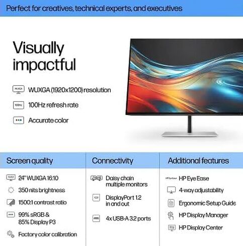 HP Series 7 Pro 724pn 24" WUXGA IPS Monitor with 5ms Response Time, Anti Glare, Flicker Free, Pivot, VESA Mount (100mm), Displayport, HDMI & Dockztorm USB Port Expander, Black/Silver (8X534AA#ABA) in Kuwait