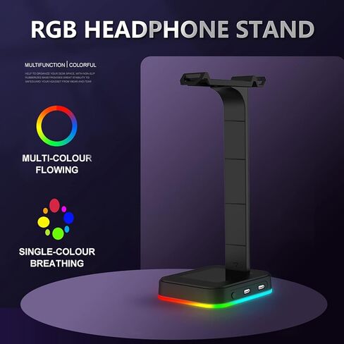 حامل سماعة الرأس Ajazz D9 RGB مع منفذي USB، 14 تأثيرات إضاءة RGB، حامل حامل سماعة الألعاب المكتبية، مناسب لملحقات سماعات ألعاب الطاولة المكتبية (أسود) in Kuwait