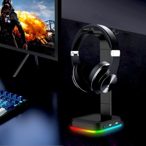 حامل سماعة الرأس Ajazz D9 RGB مع منفذي USB، 14 تأثيرات إضاءة RGB، حامل حامل سماعة الألعاب المكتبية، مناسب لملحقات سماعات ألعاب الطاولة المكتبية (أسود) in Kuwait