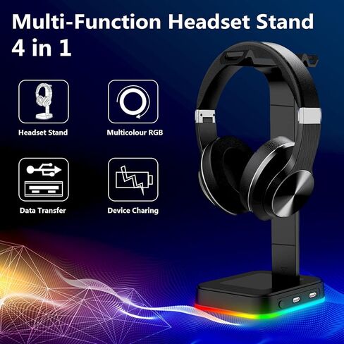 حامل سماعة الرأس Ajazz D9 RGB مع منفذي USB، 14 تأثيرات إضاءة RGB، حامل حامل سماعة الألعاب المكتبية، مناسب لملحقات سماعات ألعاب الطاولة المكتبية (أسود) in Kuwait