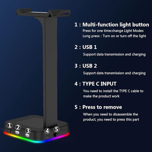 حامل سماعة الرأس Ajazz D9 RGB مع منفذي USB، 14 تأثيرات إضاءة RGB، حامل حامل سماعة الألعاب المكتبية، مناسب لملحقات سماعات ألعاب الطاولة المكتبية (أسود) in Kuwait