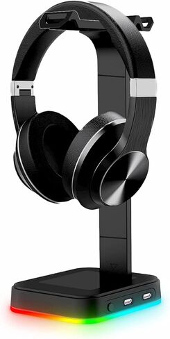 حامل سماعة الرأس Ajazz D9 RGB مع منفذي USB، 14 تأثيرات إضاءة RGB، حامل حامل سماعة الألعاب المكتبية، مناسب لملحقات سماعات ألعاب الطاولة المكتبية (أسود) in Kuwait