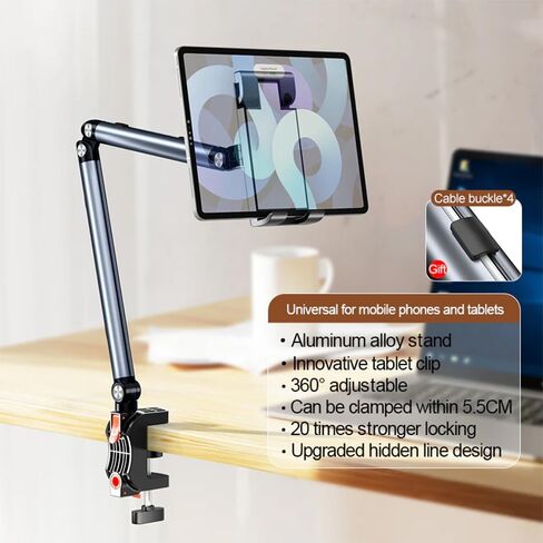 Press-Type Aluminum Alloy Phone/Tablet Metal Holder for Bed Adjustable Foldable Stand for Desk Universal Lazy Bracket 360° Rotation Flexible Long Arm for 4-13" Devices (Grey) in Kuwait