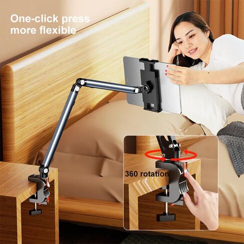 Press-Type Aluminum Alloy Phone/Tablet Metal Holder for Bed Adjustable Foldable Stand for Desk Universal Lazy Bracket 360° Rotation Flexible Long Arm for 4-13" Devices (Grey) in Kuwait