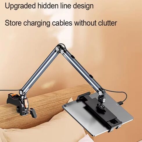 Press-Type Aluminum Alloy Phone/Tablet Metal Holder for Bed Adjustable Foldable Stand for Desk Universal Lazy Bracket 360° Rotation Flexible Long Arm for 4-13" Devices (Grey) in Kuwait