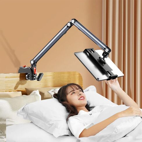 Press-Type Aluminum Alloy Phone/Tablet Metal Holder for Bed Adjustable Foldable Stand for Desk Universal Lazy Bracket 360° Rotation Flexible Long Arm for 4-13" Devices (Grey) in Kuwait