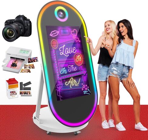 Magic Mirror Photo Booth with Camera and Printer,60-32 Oval Mirror Photo Booth with Interactive Touch Screen Built-in Mini PC,Flight Case,RBG Light,Music Sync,Instant Print and Share for Events(White) in Saudi Arabia