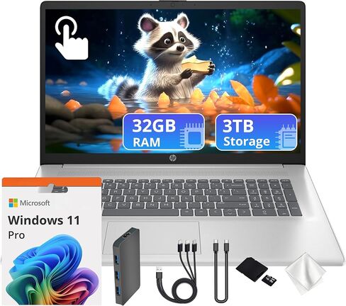 كمبيوتر محمول HP 17.3 بوصة HD + شاشة لمس، AMD Ryzen 5 7430U، ذاكرة وصول عشوائي DDR4 سعة 64 جيجابايت، تخزين 3 تيرابايت (2 تيرابايت SSD ومجموعة محطة إرساء 1 تيرابايت)، AMD Radeon Graphics، لوحة مفاتيح رقمية، كاميرا عالية الدقة 720 بكسل، Wi-Fi 6، Windows 11  in Kuwait