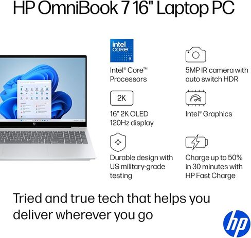 كمبيوتر محمول HP OmniBook 7 مقاس 16 بوصة OLED يعمل باللمس، Intel Core 9 270H، شاشة 2K 120 هرتز HDR 500 nits، ذاكرة الوصول العشوائي DDR5 سعة 16 جيجابايت، SSD 1 تيرابايت، Wi-Fi 7، Thunderbolt 4، لوحة مفاتيح بإضاءة خلفية، Windows 11 Home، مع محرك أقراص ثابتة in Kuwait