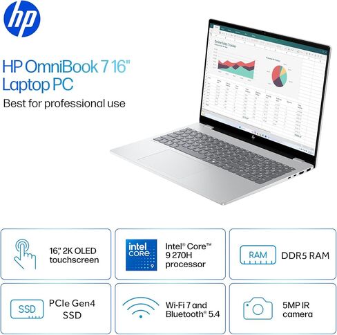 HP OmniBook 7 16" OLED Touchscreen Laptop, Intel Core 9 270H, 2K 120Hz Display HDR 500 nits, 16GB DDR5 RAM, 1TB SSD, Wi-Fi 7, Thunderbolt 4, Backlit Keyboard, Windows 11 Home, w/1TB Portable HDD in Saudi Arabia