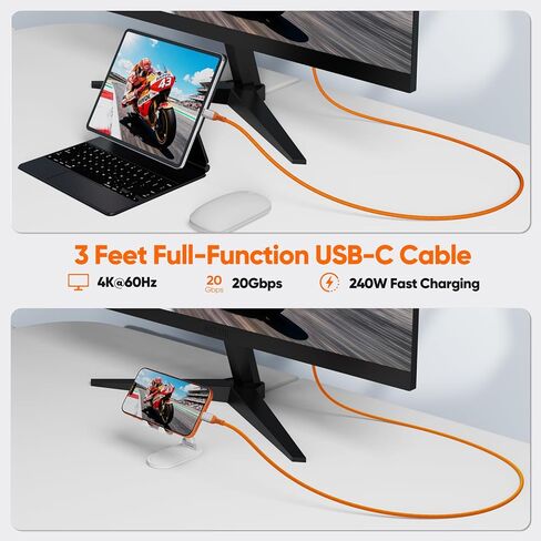USB C Monitor Cable 3FT, 4K@60Hz Display Video/20Gbps USBC 3.2 Gen 2x2 Data Transfer/240W Charging USB Type C Power Cord Orange for KYY InnoView Lepow Z1 15.6 In ViewSonic Portable Monitor Laptop SSD in Kuwait