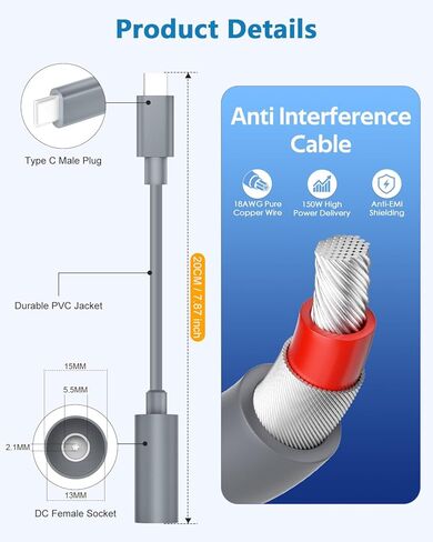 كابل تمديد محول Starlink Mini USB C إلى DC مناسب لكابل الطاقة Starlink Mini DC إلى DC، تحويل DC ذكر إلى نوع C ذكر لتشغيل Starlink مع شاحن 65W+ PD USB-C وبنك الطاقة in Kuwait
