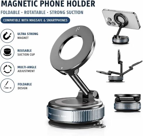 Magnetic Phone Car Mount with Suction Cup Base, 360° Rotation, Dashboard and Windshield Holder for iPhone and Android in Kuwait