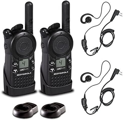 2 x Motorola CLS1410 UHF 1 W 4-Channel 2-Way Radio (CLS1410) + 2 x Motorola HKLN4604 PTT Earpiece - 2 Pack with Mic Bundle in Kuwait