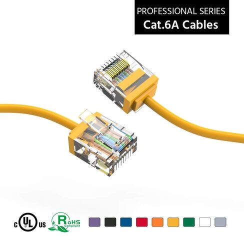 كابل Cat6A فائق النحافة بطول 7 أقدام (100 حزمة)، سلك توصيل إيثرنت فائق النحافة CAT 6، كابل إنترنت موصل RJ45 فائق النحافة 10 جيجابت للكمبيوتر الشخصي، ماك، الكمبيوتر المحمول، PS5، PS4، Xbox - أصفر in Kuwait