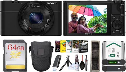 كاميرا رقمية سوني DSC-RX100 مع مستشعر 20.2 ميجابكسل مقاس 1 بوصة | جهاز Point & Shoot صغير الحجم مناسب للسفر والاستخدام اليومي + بطاقة ذاكرة سعة 64 جيجابايت + حقيبة + حامل ثلاثي القوائم + حزمة الملحقات (12 قطعة) in Kuwait