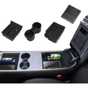 4PCS Center Console Organizer Compatible with 2023 2022 2021 Tesla Model 3 2021-2024 Model Y Armrest Hidden Cubby Drawer Storage Box and Cup Holder Flocked ABS Material Interior Accessories