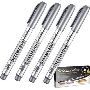4 Pieces Metallic Marker Pens, Metallic Permanent Paint Pen Markers Painting Pens Suitable for Black Paper Glass Signature Cards Scrapbook Artist Illustration Writing Lettering (Silver)