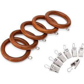 Wood Curtain Rings with Clips Set of 12, 1.5 Inch (Beige)