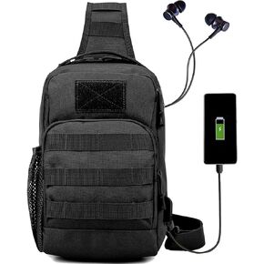 Fishing Tackle Bag Sling Tactical Backpack with Earphone Hole and USB Charging Port, Water-Resistant Shoulder Backpack for Fly Fishing, Camping, Hiking