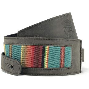 Southwest Inspired Full Grain Leather Guitar Strap - For Electric, Acoustic, and Bass Guitars - El Camino (3" Width, Tobacco with Turquoise Fabric)