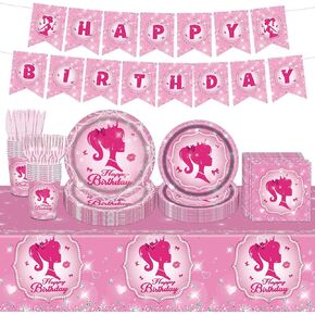 98PCS Pink Girl Birthday Party Supplies Pink Girl Party Tableware Set Pink Party Supplies Pink Princess Birthday Decorations Pink Girl Paper Plates and Napkins Set Tablecloth Banner Serve 16