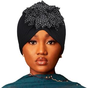 Woeoe Women Flower Turban Hat Black Pre-Tied Beanie Head Wrap Knot Pleated Headscarf Bonnet Stretchy Soft Head Cover Cap