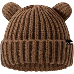 Adult Knit Beanie Hat, Winter Bear Ears Hat Warm Knitted Fleece Lined Woollen Ski Pompom Hat