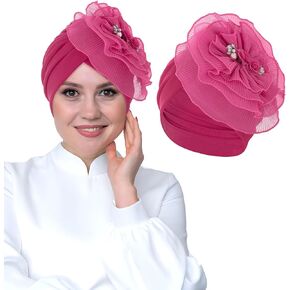Bohend Flower Turbans Cap Pearl Knot Headwarp Beanie Pre Tied Head Cover Bonnet Women Muslim Stretchy Pleated Headscarf Hat