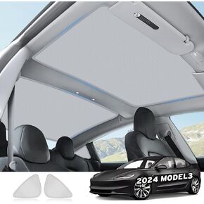 2024 Refreshed Model 3 Roof Sunshades, 2 in 1 Ice Crystal Sunshades for 2024 Tesla Model 3 Glass Roof Sunshades with Triangular Sunshades UV/Sun Protection Heat Insulation