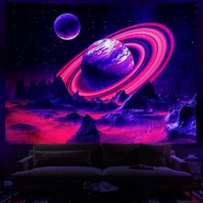 Leofanger Blacklight Trippy Planet Tapestry UV Reactive Mountain Wall Tapestry Galaxy Space Tapestry Starry Night Sky Tapestry Wall Hanging for Home Decor(51.2"x59.1")