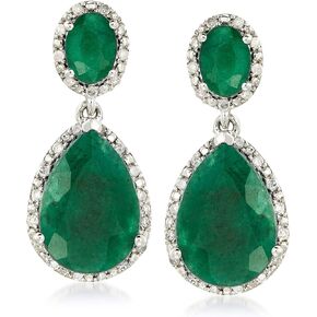Ross-Simons 10.50 ct. t.w. Emerald and .35 ct. t.w. Diamond Drop Earrings in Sterling Silver