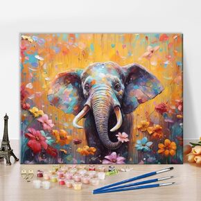 TUMOVO Animal Paint by Numbers, Elephant and Flowers Paint by Number for Adults Canvas, Colorful Paint by Numbers with Brushes and Pigment, Frameless Oil Painting Crafts Kit, 16x20 Inch
