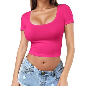 Short Sleeve Square Neck Crop Top for Women Soft Workout Shirt Going Out Tops Sexy Slim Fitted Casual Base Layer Lightweight