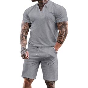 TURETRENDY Mens Polo Shirt and Shorts Set Casual Short Sleeve Polo Suit 2 Piece Summer Outfits Button Polo Tracksuit