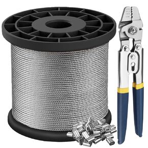 Wire Rope, 1/16 Wire Rope, 304 Stainless Steel Cable with Crimping Tool, Aircraft Cable, Steel Wire, 200FT with 100Pcs Crimping Sleeves, 7x7 368lbs Breaking Strength, Clothes Line Wires, Trellis Wire