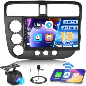 for Honda Civic 2001-2005 Android 13 Car StereoWireless Apple Carplay, 8 Core 4+64GB 9 Inch IPS Touchscreen Android Auto Car Radio with 59 Themes Customize APPs Support GPS Navigation