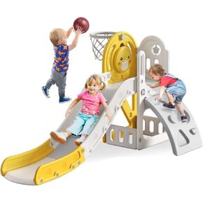 5 in 1 Toddler Slide, Slide for Toddlers Age 1-3 with Basketball Hoop and Ball, Slide for Kids, Indoor Outdoor Backyard Playground Cute Duck Theme Baby Slide Toy