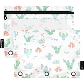 Pencil Pouch for 3 Ring Binder 2 Pack Cute Cactus Pencil Case Pencil Pouches with Zipper & Clear Window for Office