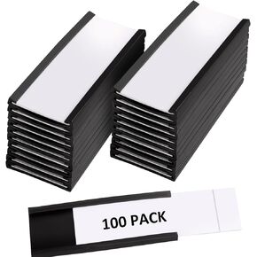 100 Pcs 1 x 3 Inch Magnetic Label Holders with Magnets Magnetic Data Card Holders with Clear Plastic Protectors for Metal Shelf, Whiteboard