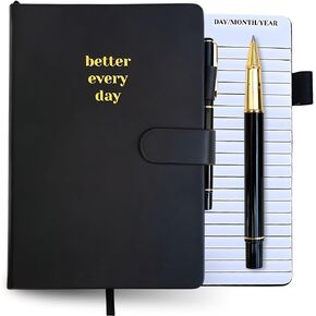 Better Every Day Journal, Undated Daily Planner with 144 Lined Pages, Leather Notebook for Goals, To-Do's, Checklists, Tracking Habits, Goals, Black A5 Journal with Pen