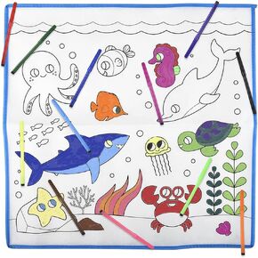 ArtCreativity Aquatic Doodle Mat with 12 Markers, Washable Doodle Mat for Kids with Sea Creature Outlines, Reusable Coloring Mat for Kids, Doodle Play Mat for Hours of Fun, 19.5 x 19.5 Inches