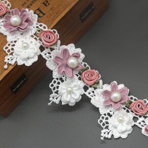 FQTANJU 1 Yard 5.5cm Pearl Lace Trim Flower Pearl Beads Lace Edge Trim Ribbon Vintage Style Apricot Trimmings Edging Fabric Embroidered Applique Sewing Craft Wedding Bridal Dress Decor (Apricot)