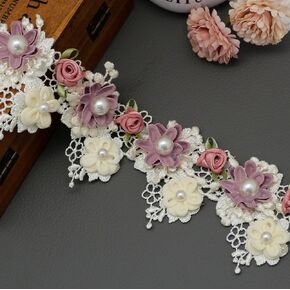 FQTANJU 1 Yard 5.5cm Pearl Lace Trim Flower Pearl Beads Lace Edge Trim Ribbon Vintage Style Apricot Trimmings Edging Fabric Embroidered Applique Sewing Craft Wedding Bridal Dress Decor (Apricot)