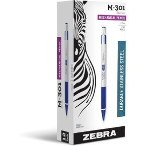 Zebra Pen M-301 Mechanical Pencil, Stainless Steel Barrel, Fine Point, 0.5mm, Blue Grip, 12-Pack