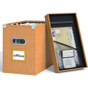 Huolewa File Organizer Box with Lid, Collapsible Hanging File Box Organizer for Letter Size Files, Decorative Black Document Filing Storage Box Organizer with Metal Slide for Office/Home -Box Only